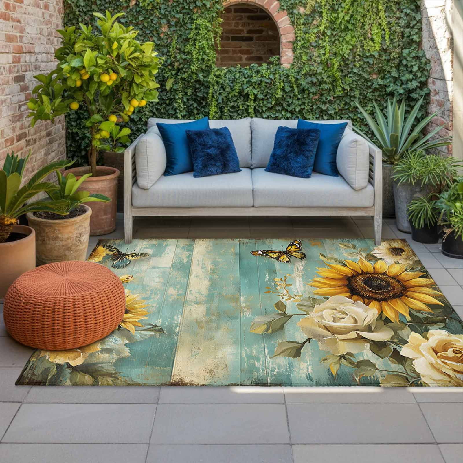 5' x 8' Outdoor Rug, Spring Sunflower Rose Outdoor Washable Rug Large Floor Carpet, Butterfly Teal Wood Vintage Non Shedding Area Rug for Outside Patio RV Porch Deck Balcony Camping Living Room