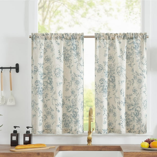 Cortinas Jinchan con estampado floral de lino azul, 90 x 60 cm, 2 paneles