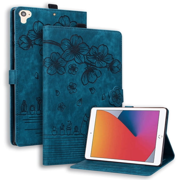 Case for iPad 6th / 5th Gen (2018 2017), iPad Air 2 / Air 1, iPad Pro 9.7 inch with Stand, Card Slot, Auto Wake/Sleep, Embossed Cat PU Leather Folio Cover with Pen Holder, Blue
