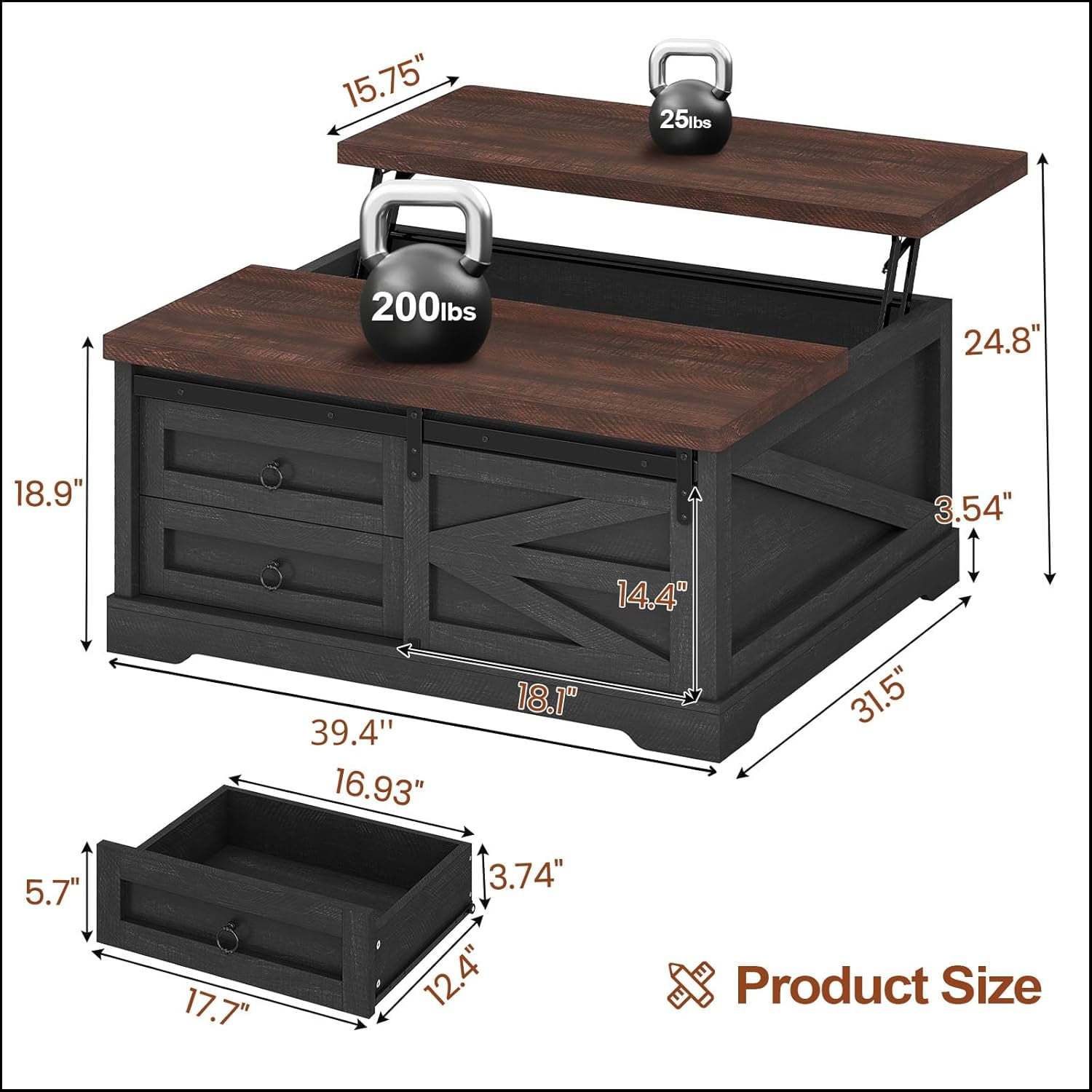 39.4" Lift-Top Coffee Table with Storage, Farmhouse Square Coffee Table with Drawers, Sliding Door and Hidden Storage Compartment, Center Table Gaming Station or Workspacefor Living Room, Black