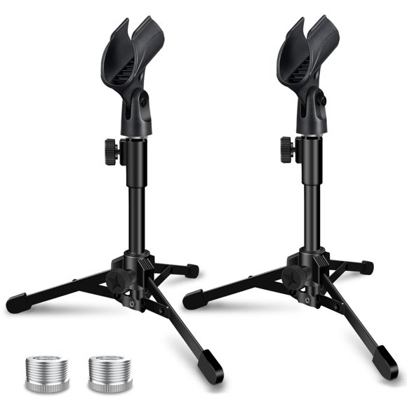 Mictop 2 Pack Desktop Mic Stand, Portable Foldable Tripod with Mic Clip Holder, Adjustable Microphone Stand For Dynamic Microphone Like Sam