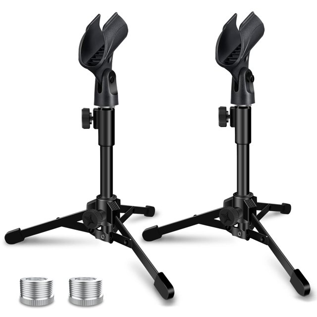 Mictop 2 Pack Desktop Mic Stand, Portable Foldable Tripod with Mic Clip Holder, Adjustable Microphone Stand For Dynamic