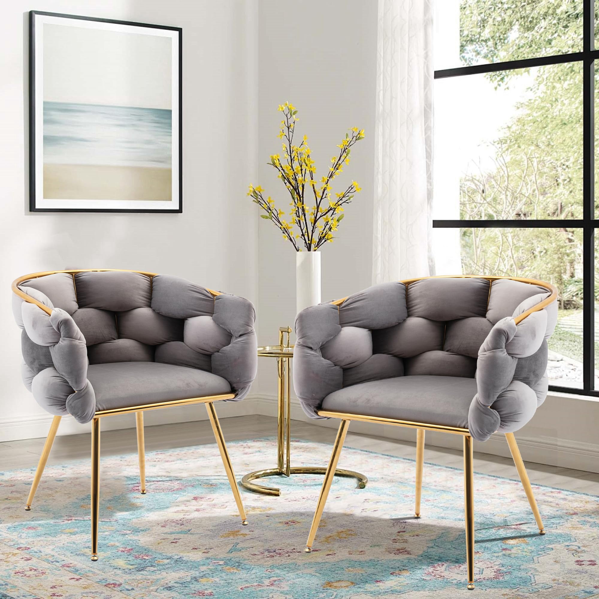 LEHZROAJ Modern Upholstered Dining Chairs Set of 1,Side Chair Oversize Gold Metal Leg for Dining Room,Kitchen,Restaurant(Gray)