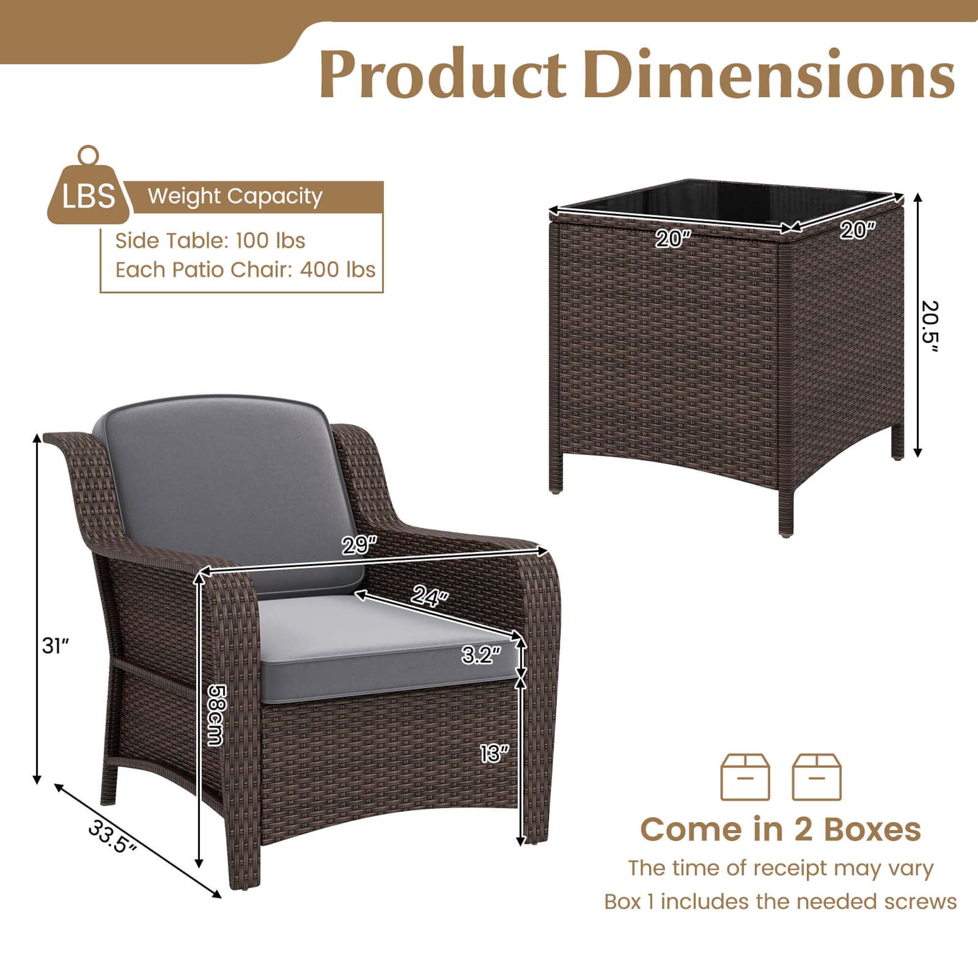 Costway 3 PCS Outdoor Patio Furniture Set with Cushions and Tempered Glass Coffee Table