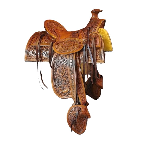 Full Carved Western Leather Horse Saddle: Tooled Barrel Floral Carved, Full QH Bars, Durable Trail & Ranch Riding Horse Saddle