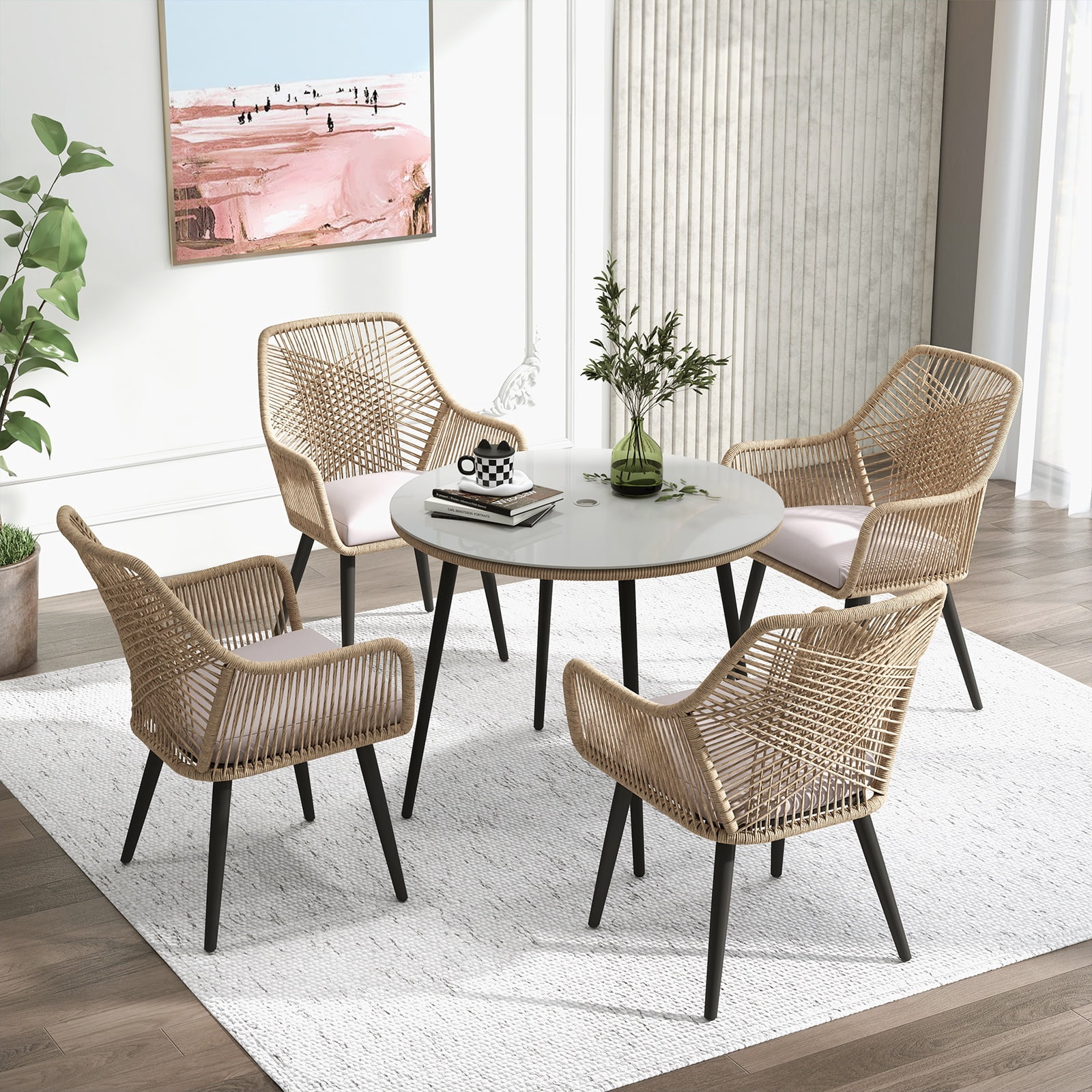 JOIVI 5-Piece Outdoor Patio Dining Set with Rattan Dining Chairs for 4-Person & Tempered Glass Table, 2.16” Umbrella Hole, Tan