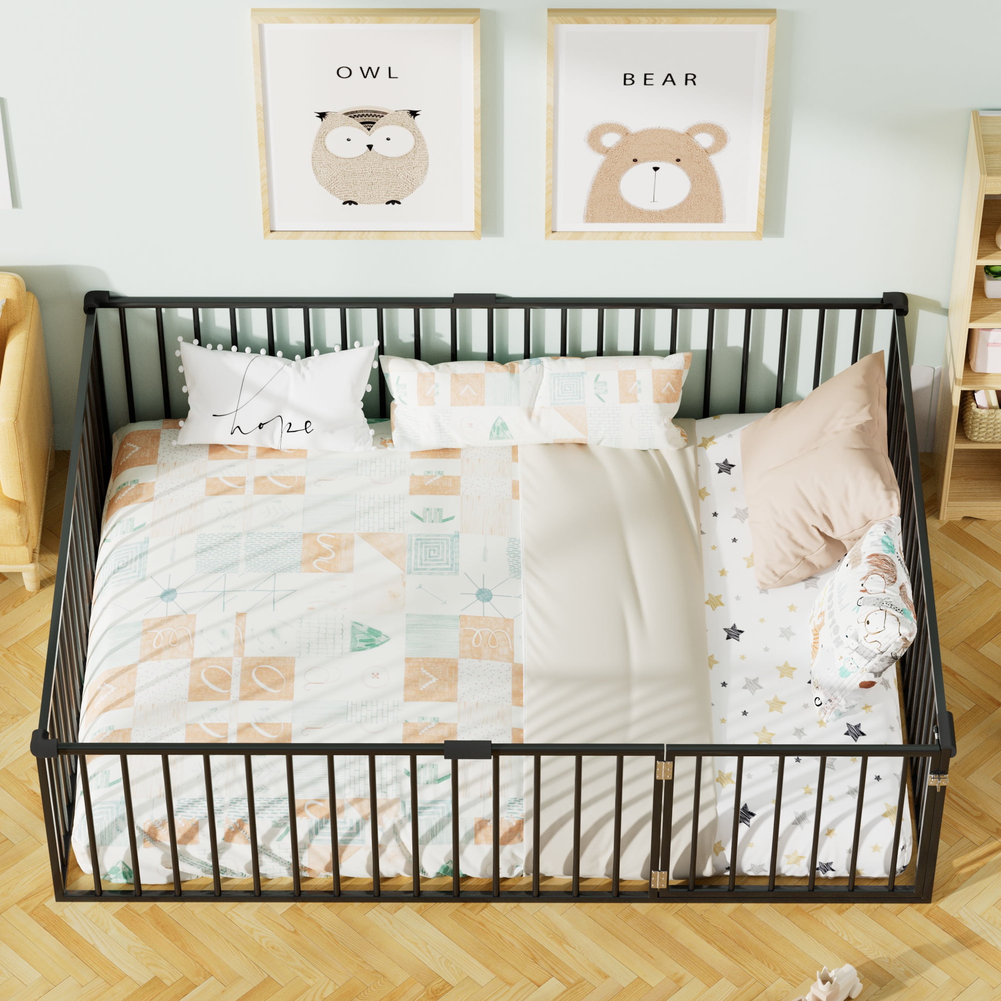 Full Size Montessori Floor Bed, Heavy Duty Metal Floor Bed Frame with Safety Fence and Door, Montessori Floor Bed Frame for Boys and Girls, Black