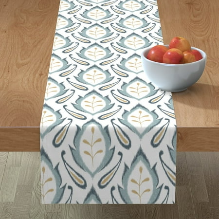 

Cotton Sateen Table Runner 108 - Autumn Ikat Dusty Blue Pattern Gold Damask Home Botanical Print Custom Table Linens by Spoonflower