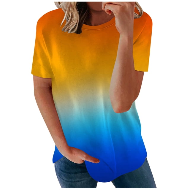 AherBiu Hauts pour Femmes T-Shirts à Manches Courtes Dégradé Col Rond Basiques d'Été Décontractés Amples