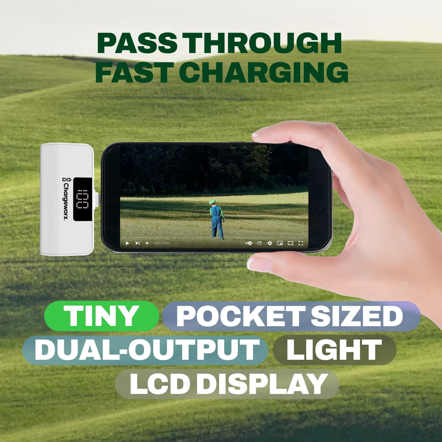 CHARGEWORX Portable Power Bank with LCD Display, Built-in Lightning Connector, Dual Charge Fast Charge Portable Charger 5000mAh, Compatible with iPhone 14, 13, 12 & Older (White )