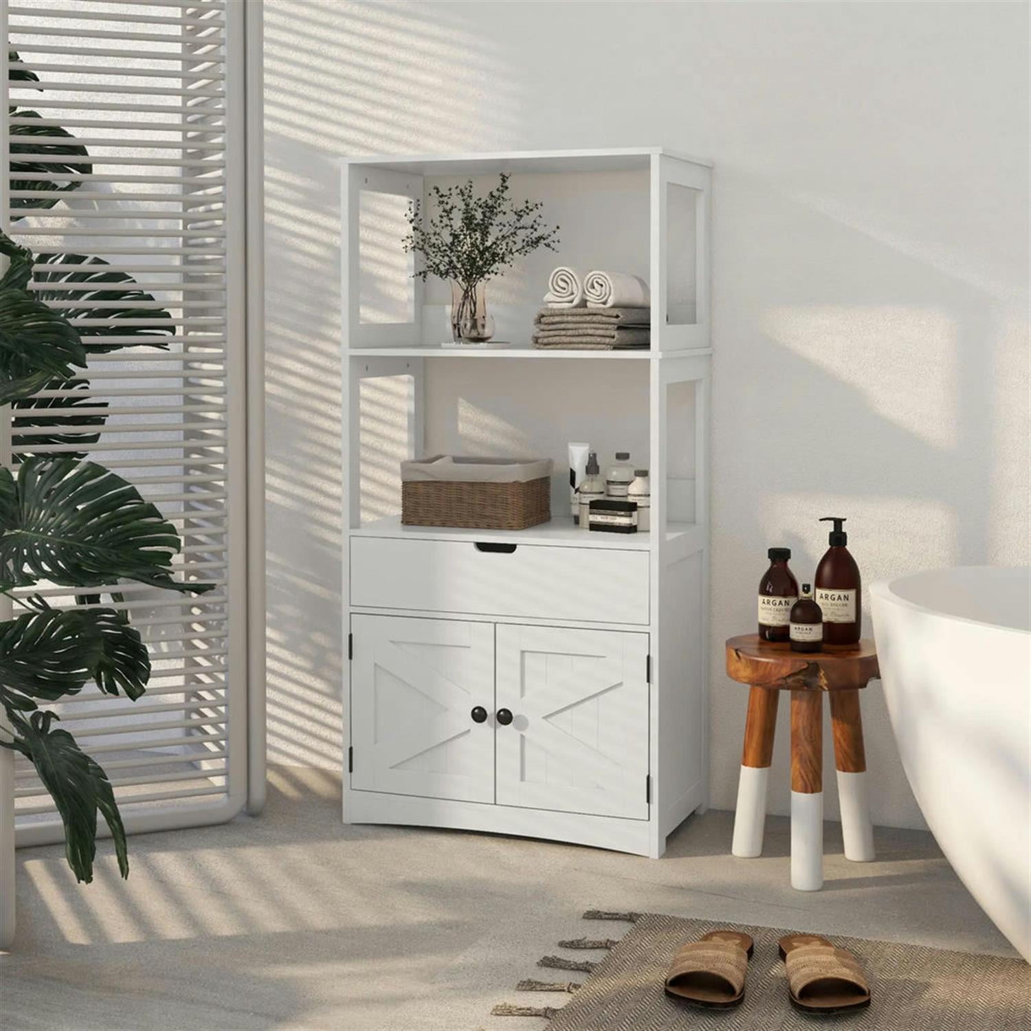 Demi Bonn 48" Farmhouse Bathroom Floor Cabinet, Freestanding Linen Storage Cabinet with Shelf and Drawer, for Living room, Entryway, Kitchen, White