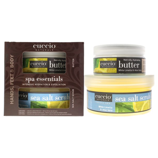Cuccio Naturale Exfoliante de sal marina de 19.5 oz, mezcla de mantequilla de 8 oz Kit Spa Essentials - Limetta Blanca y Aloe Vera 2 Pc Cuccio Exfoliante de sal marina de 19.5 oz, mezcla de mantequilla de 8 oz 2 Pc