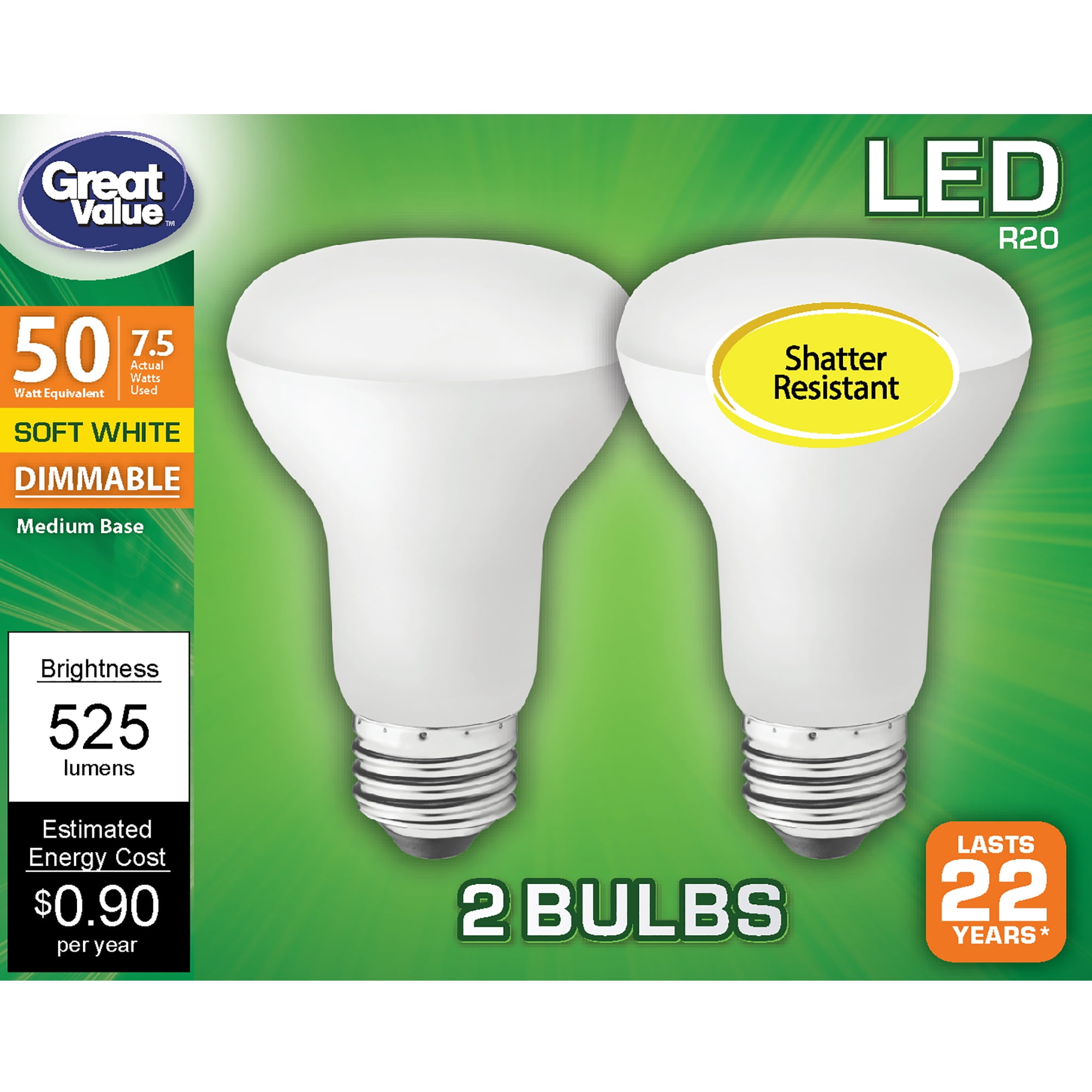 Great Value LED Light Bulb, 7 Watts (50W Equivalent) R20 Floodlight