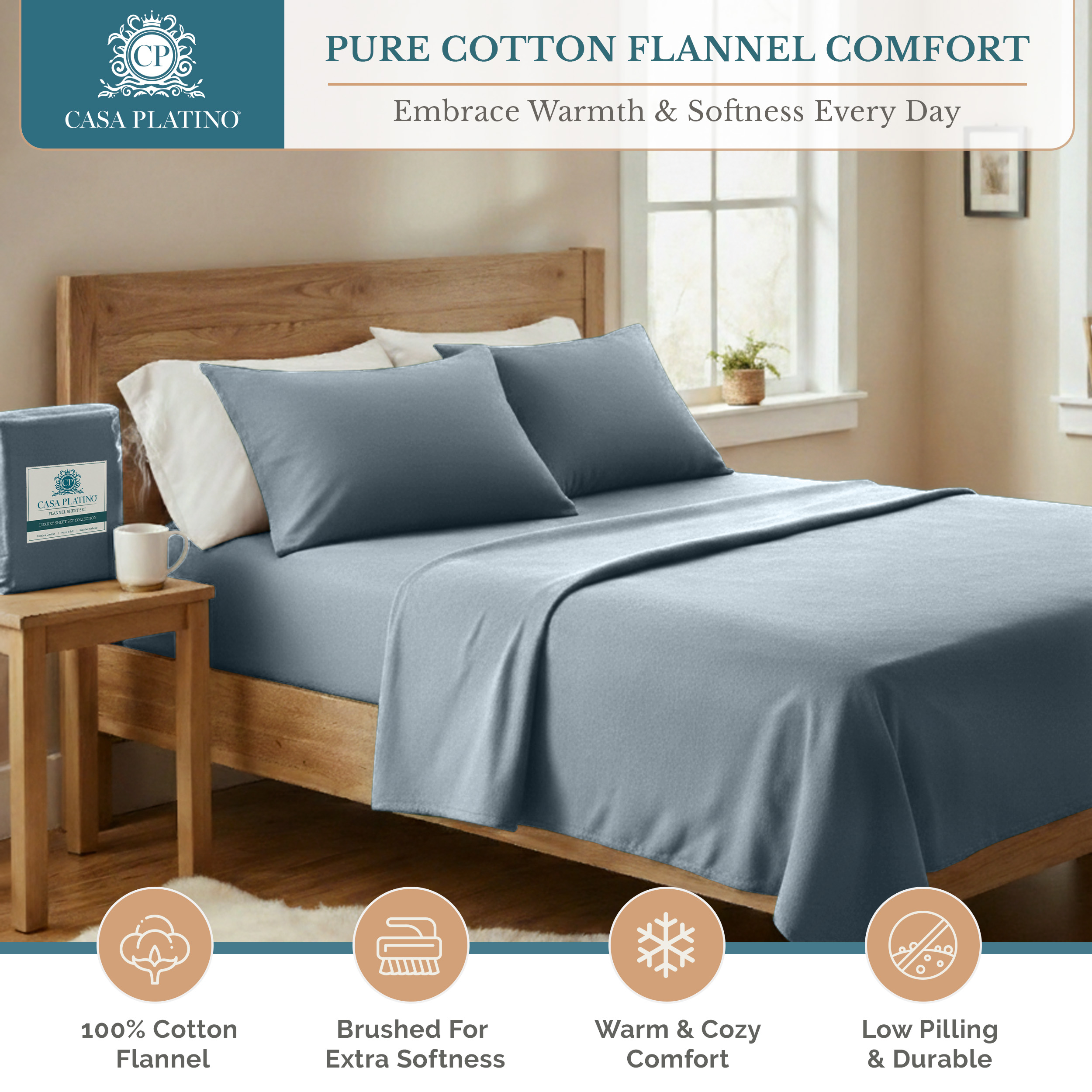 Casa Platino Queen Flannel Sheet Set, French Blue, 4-Piece photo 2