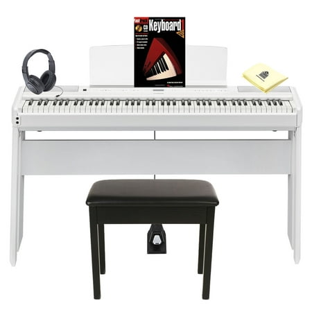 Yamaha P515WH P-Series 88 Keys Weighted Action Concert Grand Digital Piano in White with Bench, Stand, Music Instruction Book, Headphones and Zorro Piano Polishing