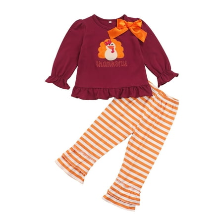

ZIYIXIN 2Pcs Toddler Baby Girls Boys Thanksgiving Outfit Long Sleeve Turkey Print T-Shirt Tops Striped Pants Clothes Wine Red Girl 4-5 Years