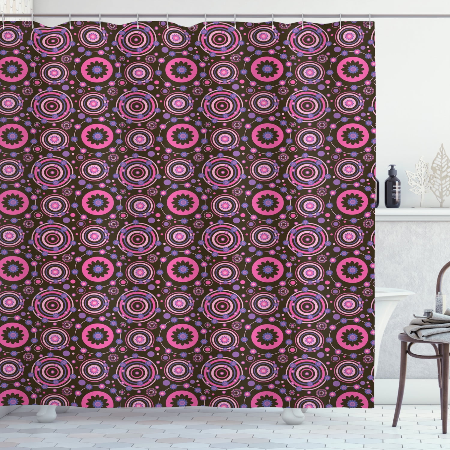 Floral Shower Curtain, Hippie Style Flourishing Flowers with Abstract ...