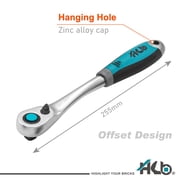 HB 1/2 Drive 120-Tooth Ratchet Handle AHU027-U | 3° Arc Swing Quick Release & Reversible Switch | Offset Ergonomic Grip with Hanging Hole | Micro Chrome Finish | Chrome Vanadium Steel Made in Taiwan