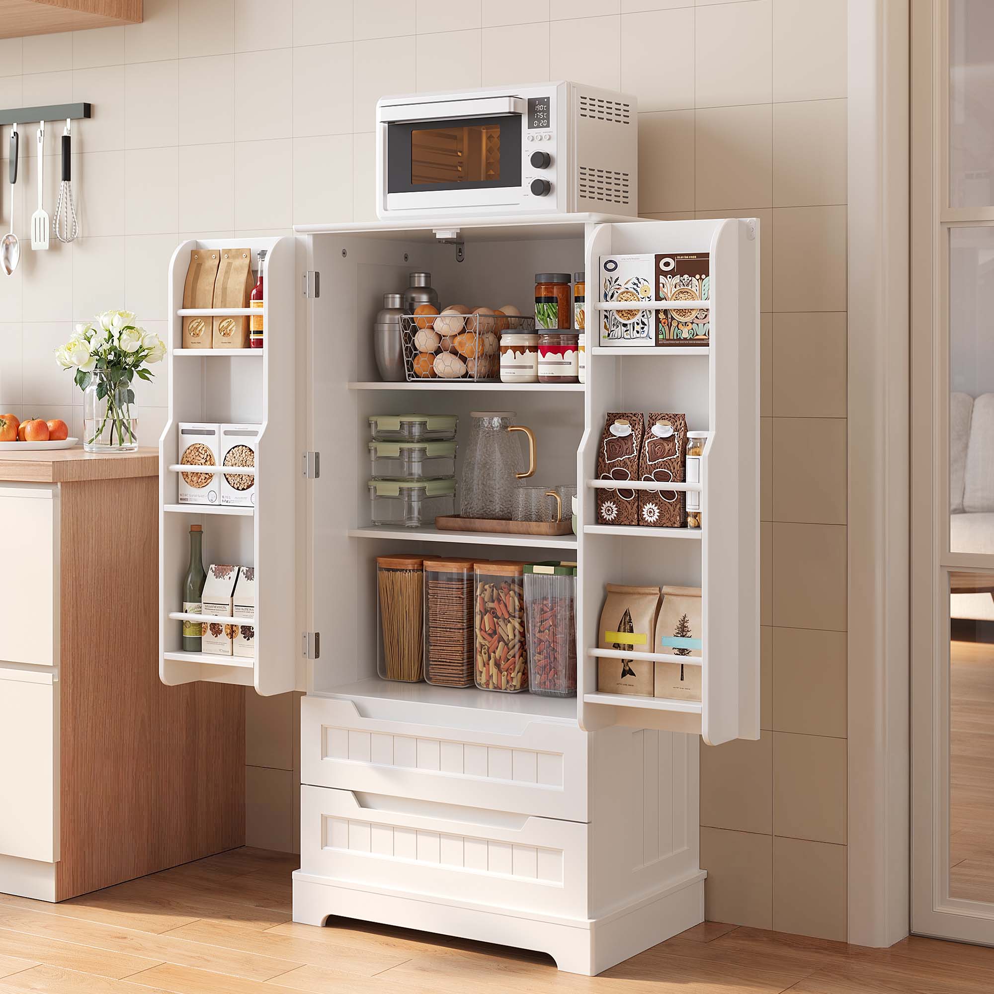 Pantry Storage Cabinet with 2 Drawers，Asofer 47" Kitchen Small Food Pantry Cabinet for Dining Room, White