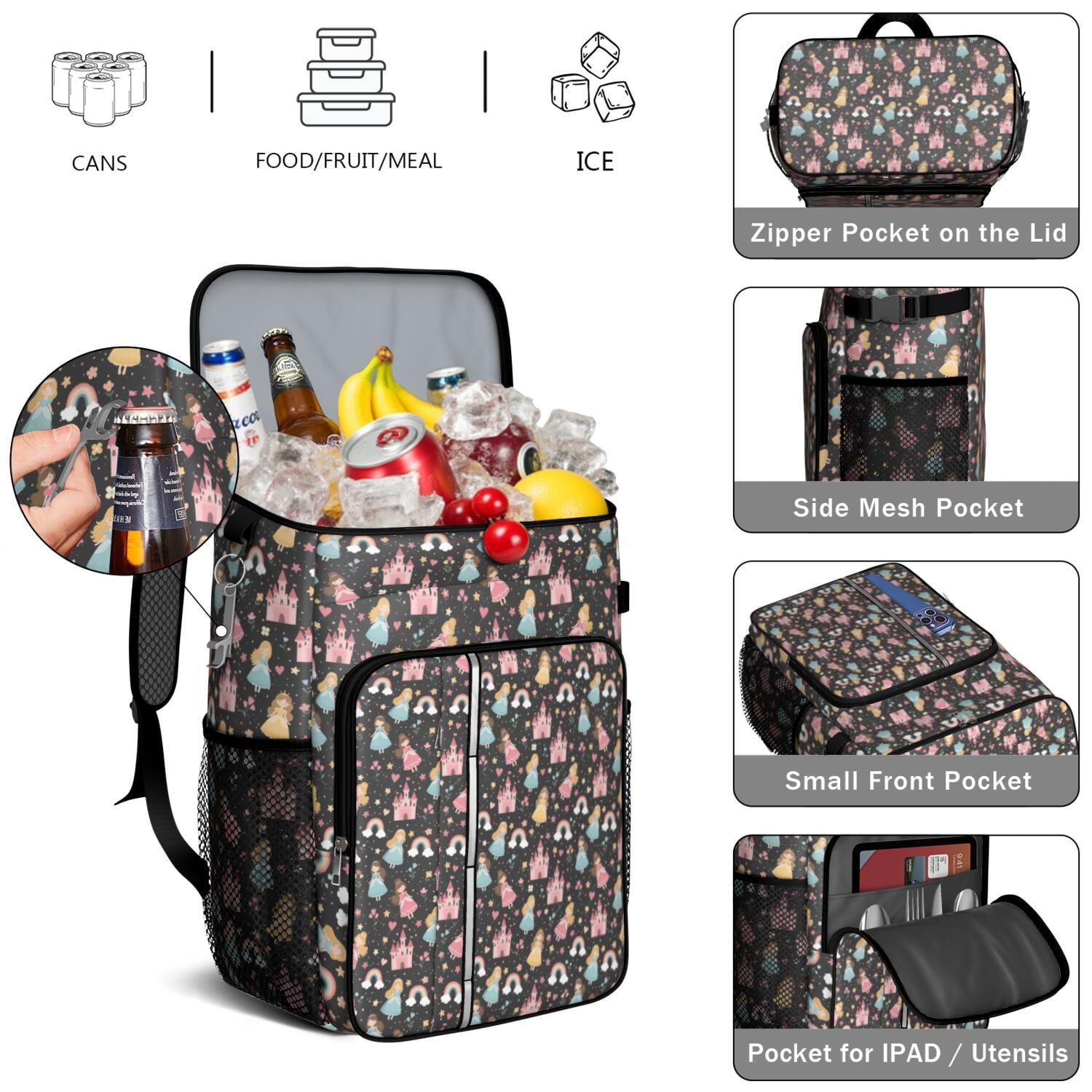 Travel Cooler Bag - Star Princess Castle Pattern Camping Beer Cooler Backpack with Bottle Opener- Waterproof Insulated Picnic Backpacks - Cooler Bag for Beach