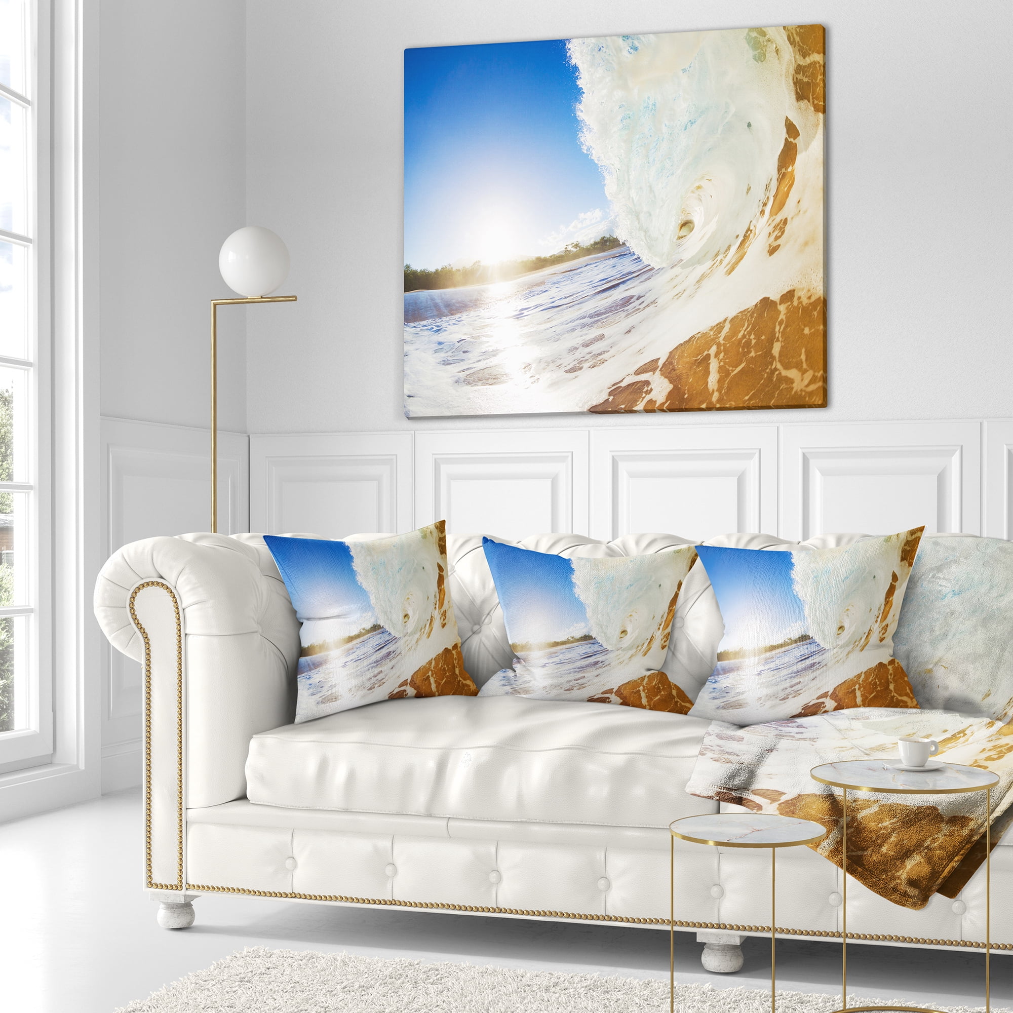 Designart Crashing Sandy Ocean Waves - Modern Beach Throw Pillow - 18x18