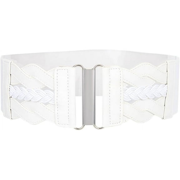 White Stretchy Belt for Women PU Leather Wide Elastic Waist Belts Vintage Adjustable Invisible No Show Cinch