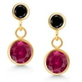 thumbnail image 2 of Gem Stone King 14k Yellow Gold Red Created Ruby and Black Diamond Two Stone Dangle Earrings for Women (2.20 Cttw, Gemstone July Birthstone, Round 6MM, Round 3MM), 2 of 4