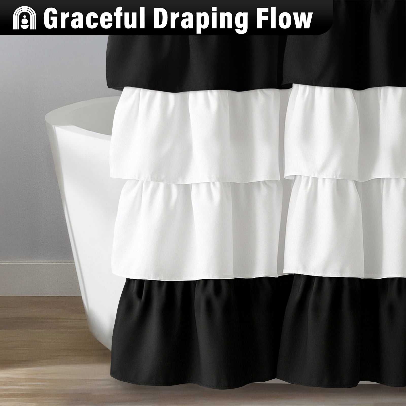 Seasonwood Black and White Ruffle Shower Curtain,Farmhouse Fabric Bathroom Curtain,72" x 72"