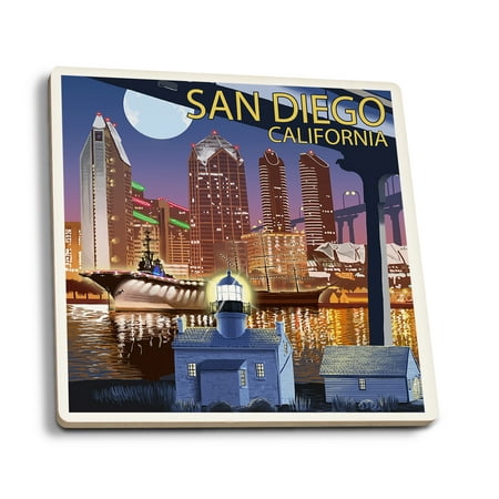 

San Diego California Skyline at Night (Absorbent Ceramic Coasters Set of 4 Matching Images Cork Back Kitchen Table Decor)