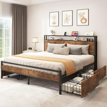 YITAHOME King Size Bed Frame with 4 Storage Drawers, Metal Platform Bed with Wooden Headboard and Charging Station, No Box Spring Needed, Fast Assembly - Brown
