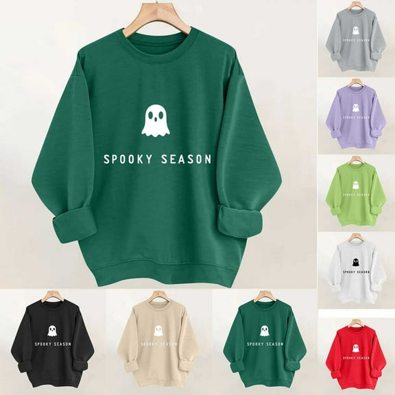 VKOYWKM Womens HalloweenSweatshirt Cute Spooky Ghost Graphic Sweatshirts Crewneck Long Sleeve Fall Pullover Tops Halloween Party Outfits for Women