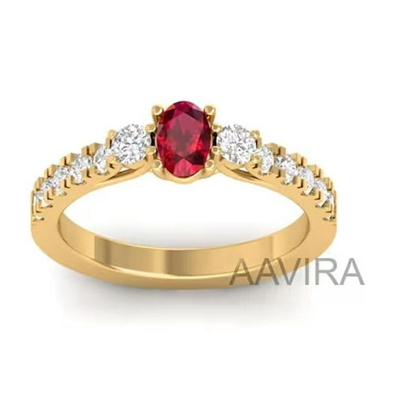 Oval Ruby and Diamond Engagement Ring for Women, Green Emerald Accent Bridal Ring, 14K Gold Plated Gift for Mom