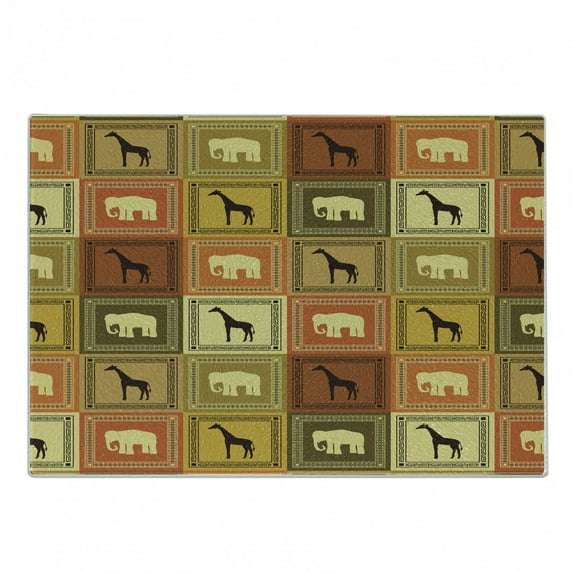 Safari Cutting Board, Animals Pattern Silhouette Exotic Fauna Frame Vintage Illustration, Decorative Tempered Glass Cutting and Serving Board, Small Size, Brown and Black, by Ambesonne