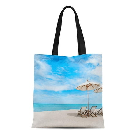 Patio Beach Thailand ASHLEIGH Canvas Tote Bag Thai Beach Chair Umbrella Blue Sky on Tropical Coast Durable Reusable Shopping Shoulder Grocery Bag ()