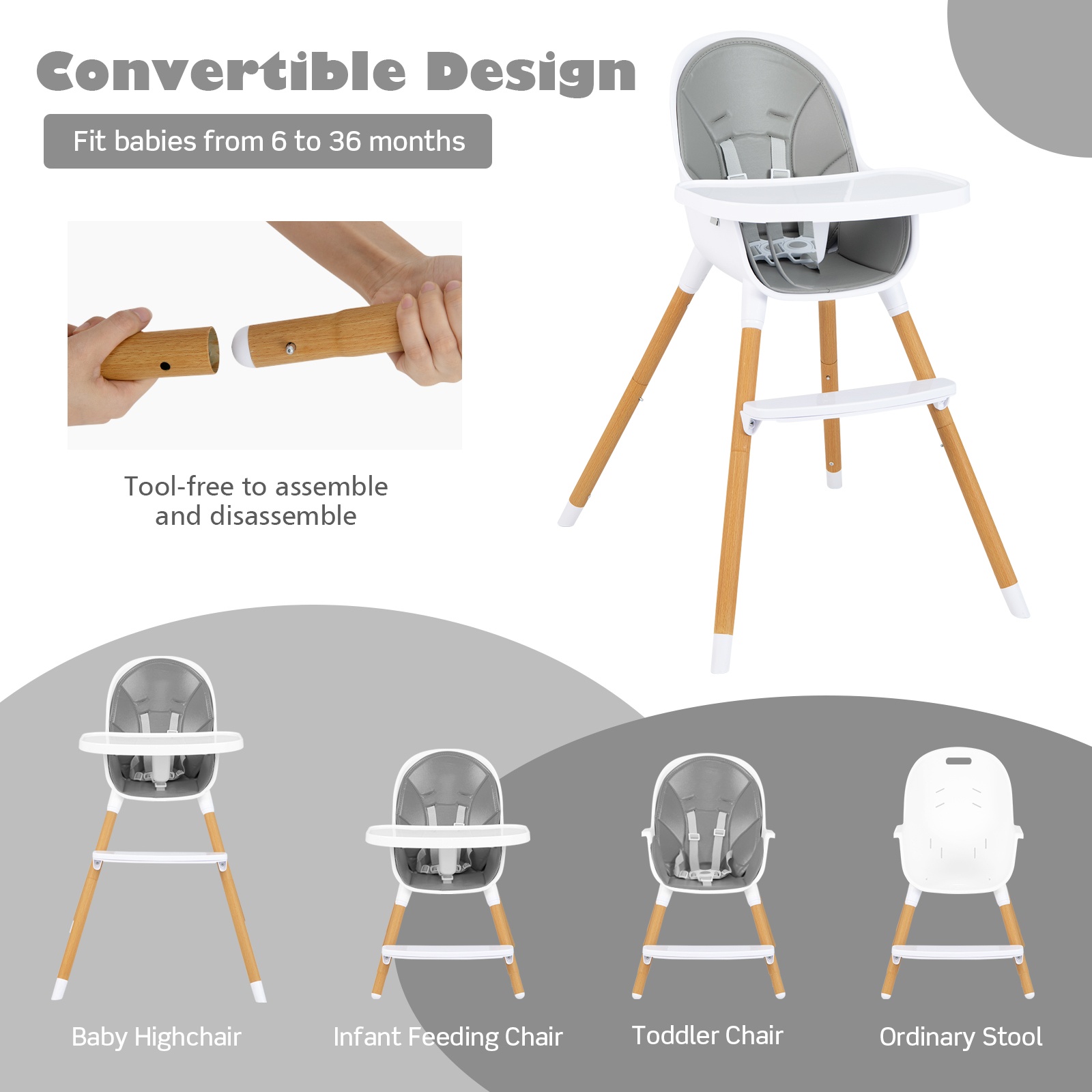 Infans 4-in-1 Infant Feeding Chair Convertible High Baby Chair w/Adjustable Tray Grey