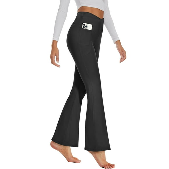 GAYHAY Flare Leggings for Women - Pockets Crossover Yoga Pants High Waist Tummy Control Bootcut Workout Flared Leggings Black