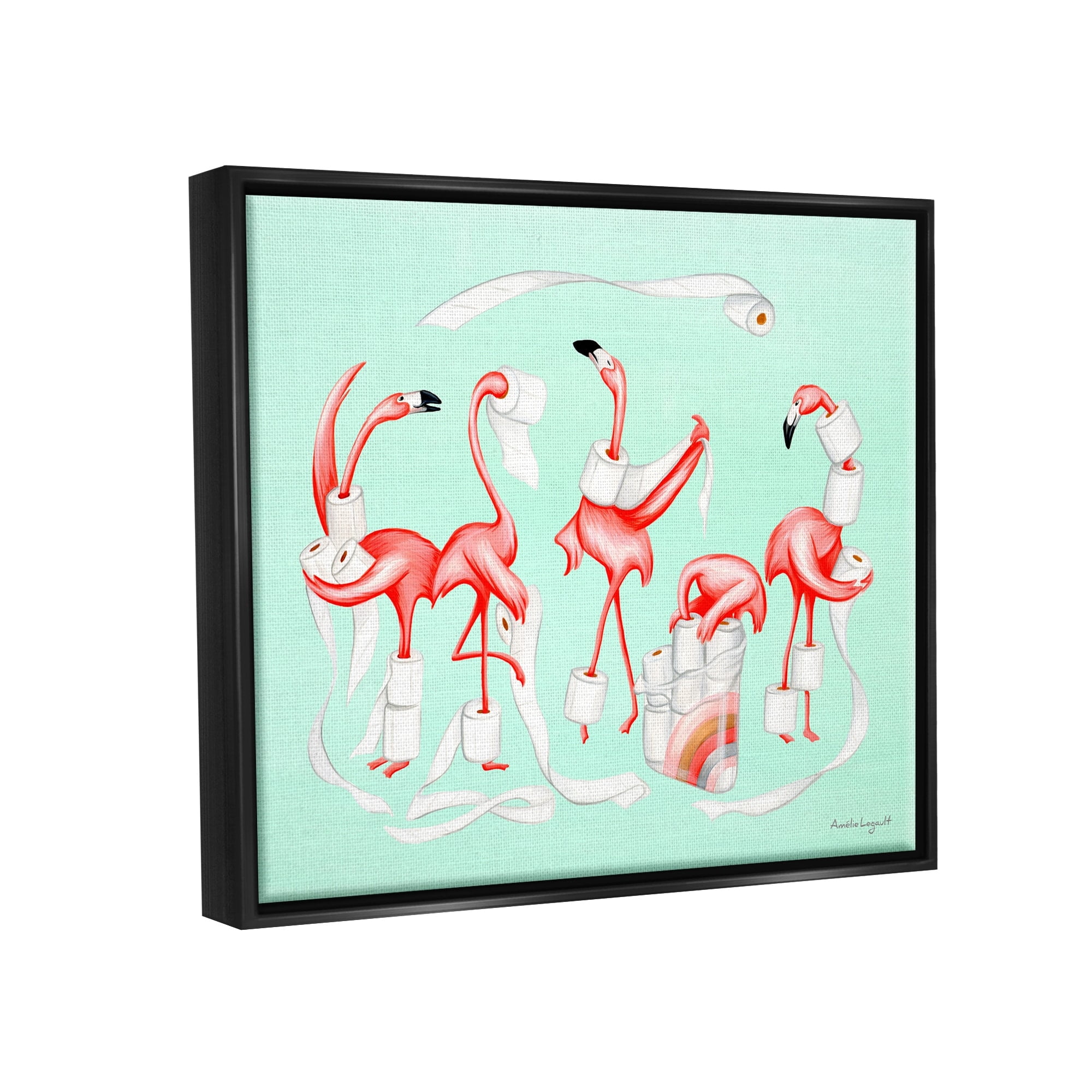 Stupell Industries Silly Flamingos Toilet Paper Rolls Bathroom Illustration Graphic Art Jet Black Floating Framed Canvas Print Wall Art, Design by Amelie Legault