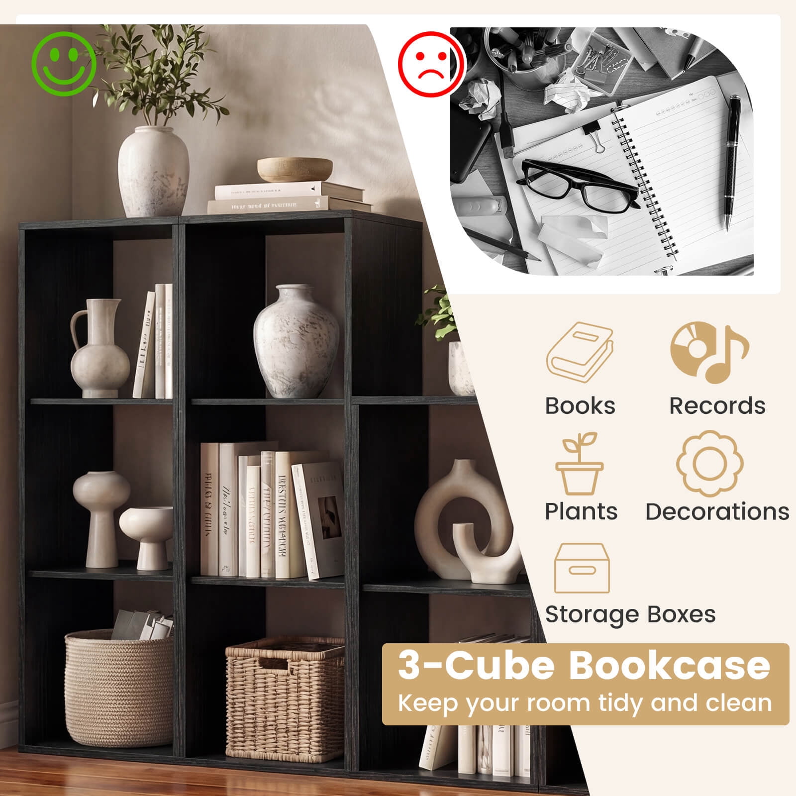 Costway 3-Cube Bookshelf, Modern Vertical Bookcase with Back Guardrail & Anti-tipping Kits Black