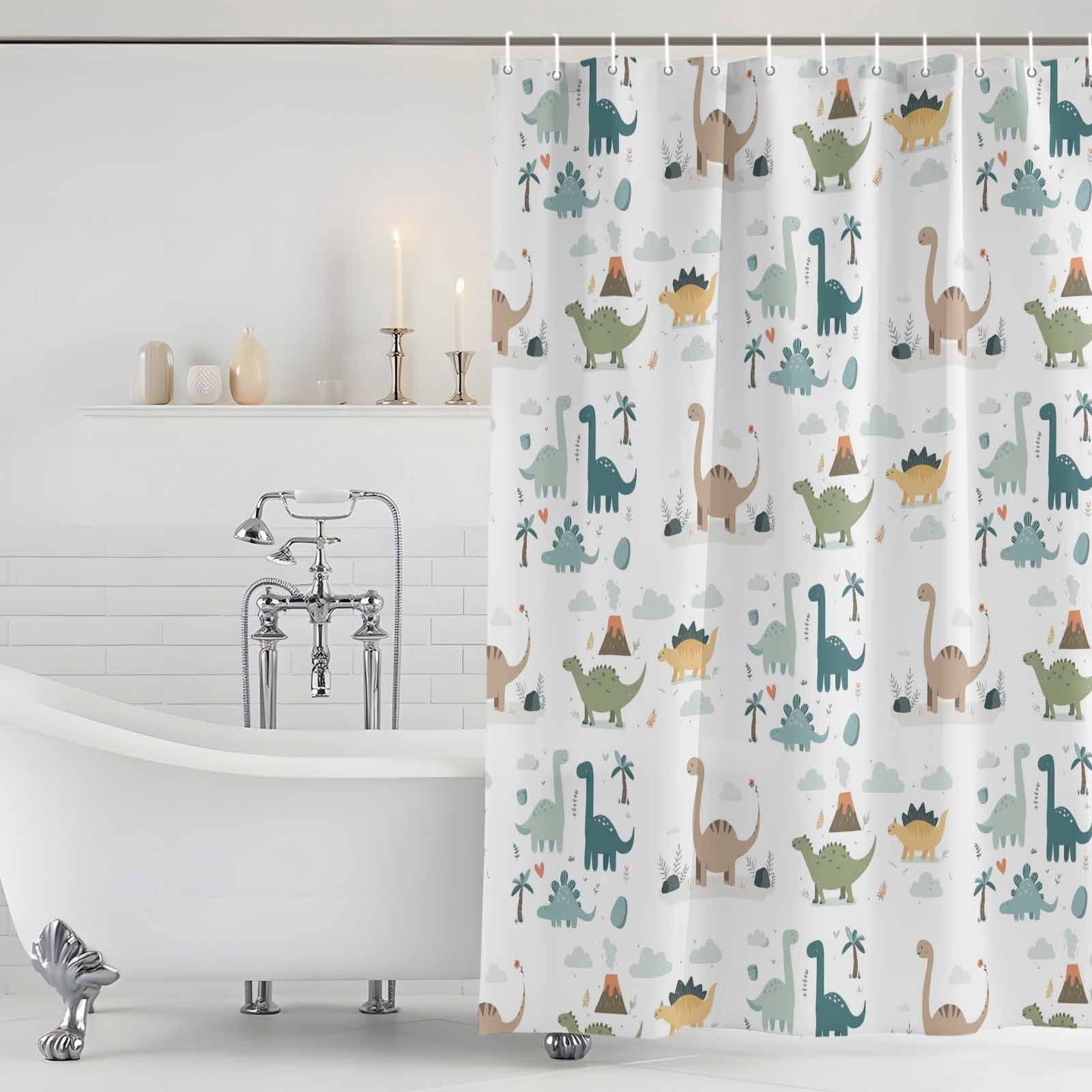 Shower Curtain Bathroom Set Cartoon Dinosaur Lovely Animals Waterproof Fabric Shower Curtains with Grommets&Hooks, Cute Cartoons Privacy Bath Curtain for Bathtub 60x72in