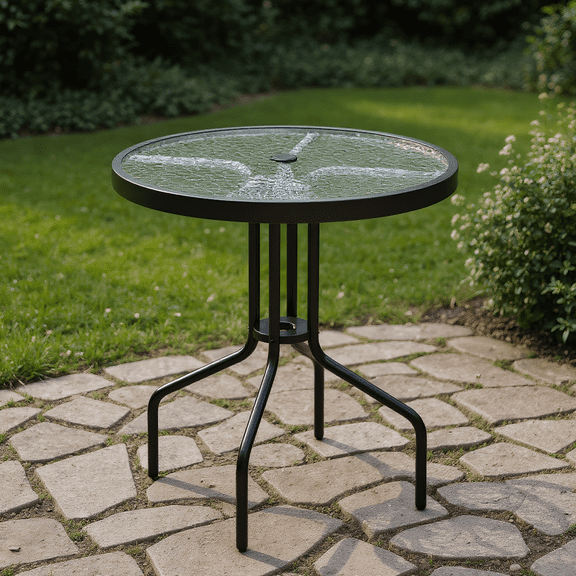 GVN Patio Dining Tables,Patio Tables,27.5 Inch Round Patio Dining Table with Rippled Tempered Glass Top for Backyard