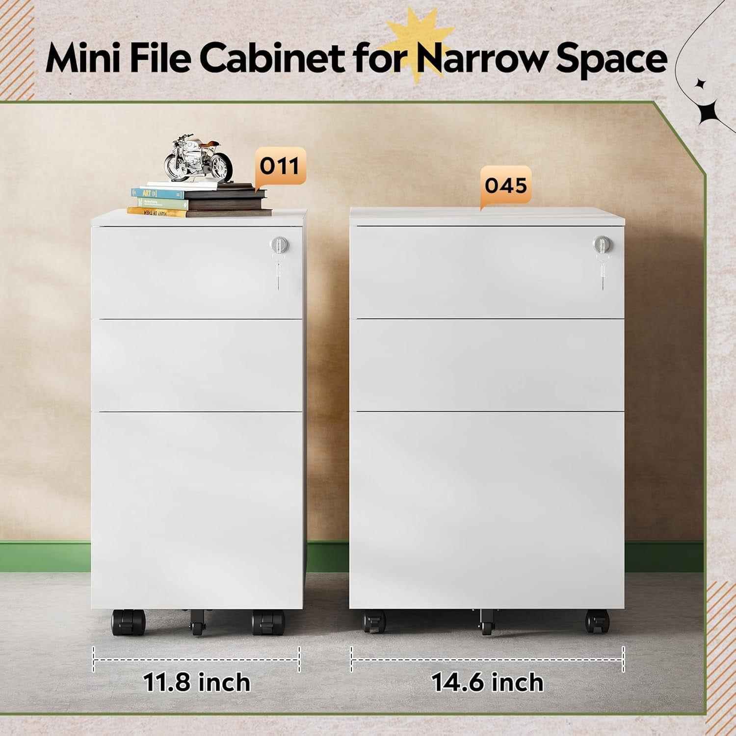 3 Drawer File Cabinet with Lock, Metal Rolling Filing Cabinets for Home Office, Small Under Desk Cabinet with Slim Width (11.8 inch), Black