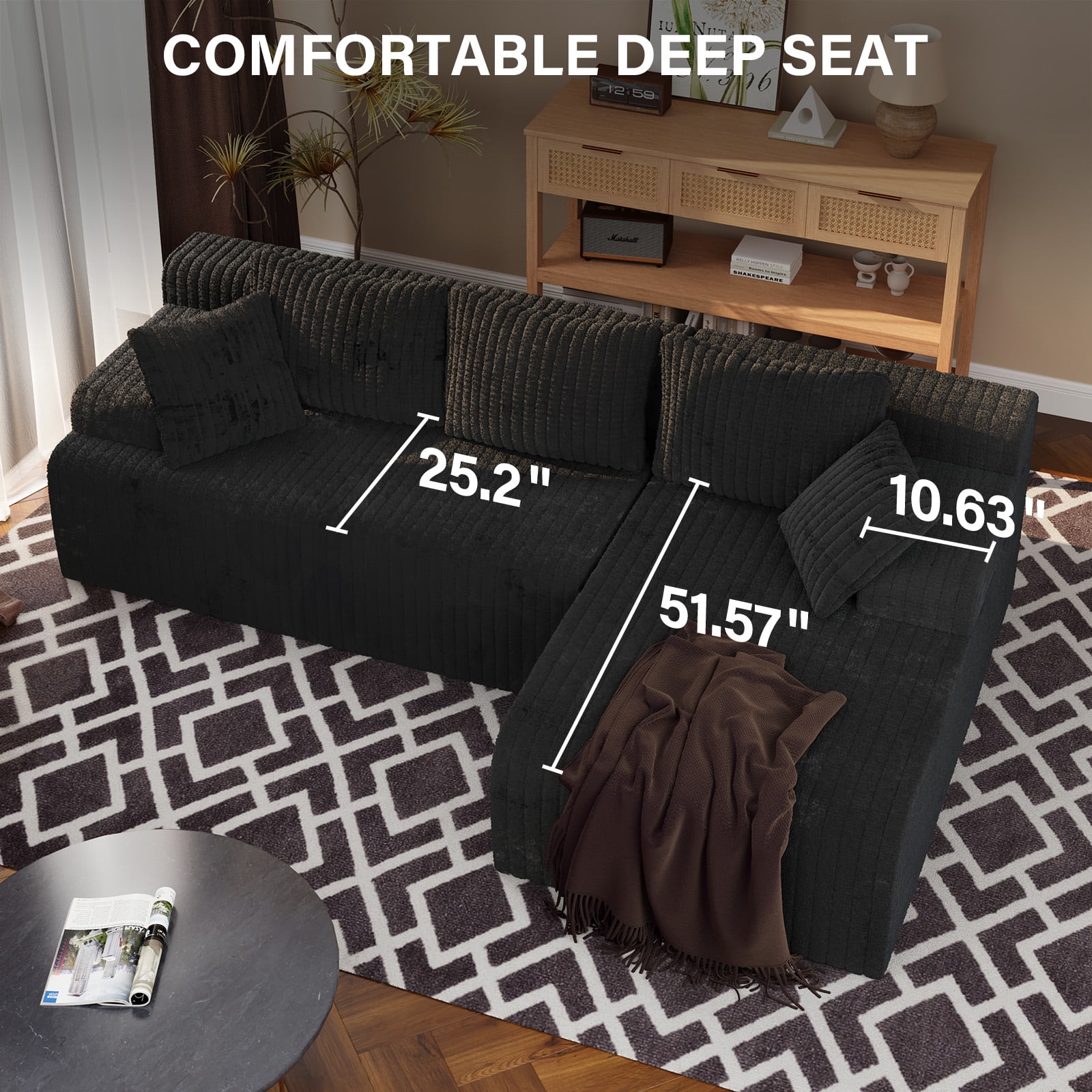 LAUSAINT HOME 96" Boneless Sectional Sofa, L-Shaped Modular Cloud Couch with Deep Seat & Plush Corduroy Fabric, (Black, Right Facing Chaise)