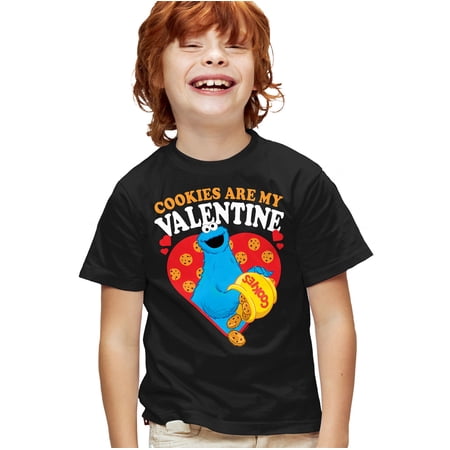 Sesame Street Cookies are my Valentine Kids T Shirt for Youth Boys and Girls, Black, Large
