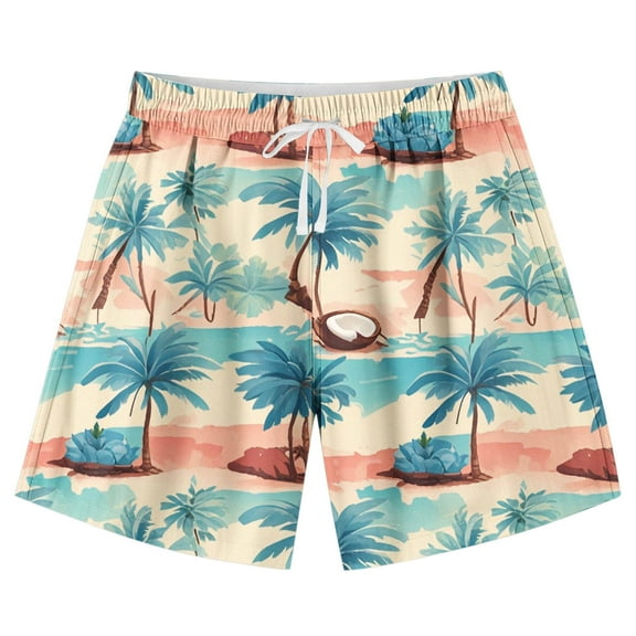 ZACPNCV Teen Boys Swim Trunks Quick Dry Swimwear Bathing Suit for Big Boys Hawaiian Print Beach Swim Boards Shorts Beige 9-10 Years
