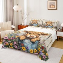 jejeloiu Cartoon Highland Cattle Queen Sheet Sets,Colorful Flowers Blossom Flat Sheet,Country Farmhouse Lodge Queen Fitted Sheet For Girls Boys,Super Cozy Room Decor,4pcs