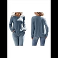 thumbnail image 3 of Camisa Informal de Cuello Redondo para Mujer, Blusa de Encaje con Retazos, Suéteres Tipo Jersey, Túnica de Larga de Color Liso. Azul M, 3 of 7