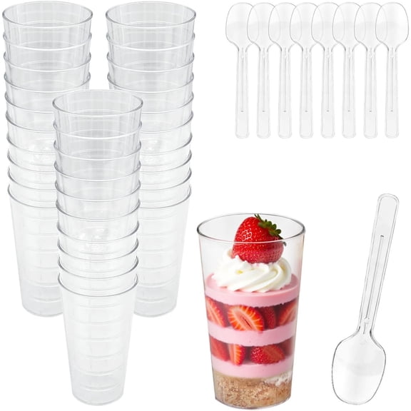 100 count 3 oz Mini Plastic Dessert Cups with Spoons, Disposable Clear | Pudding Parfait Jello Shooter Cups for Wedding Party Serving, Small Trifle Bowls for Fruit Ice Cream Yogurt Appetizer Snack