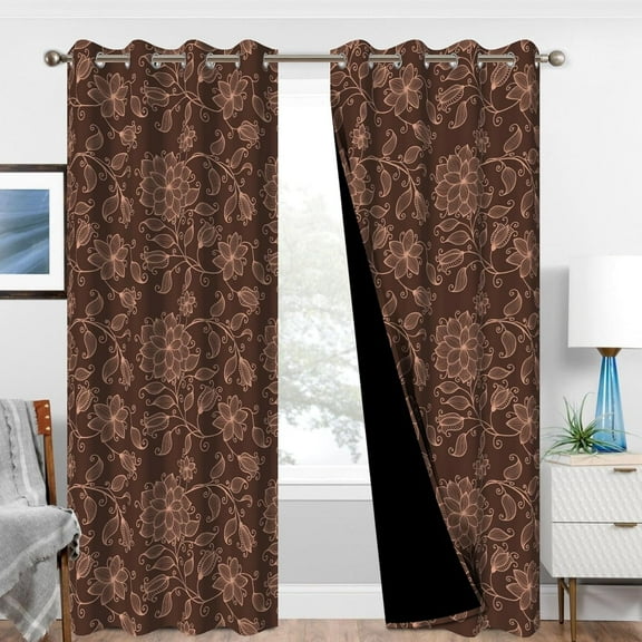 Blackout Curtains for Bedroom and Living Room, Brown Floral Pattern Black Out Curtains, Farmhouse Vintage Grommet Thermal Insulated Soundproof Room Darkening Window Drapes 42"W x 84"L (Pack of 2)