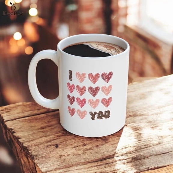 Love You Heart Mug, Cute VaL1entine Coffee Cup, Romantic Gift for Her or Him, Aesthetic Heart Pattern Mug, Annrsary Gift Idea
