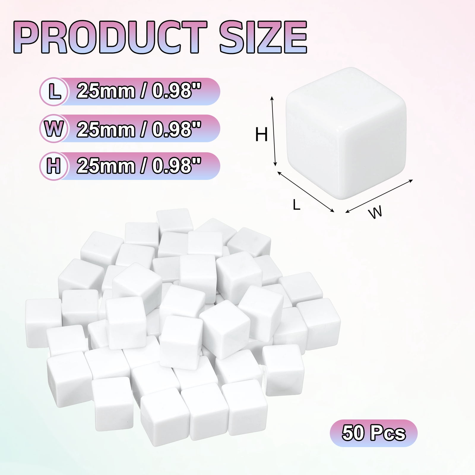 50Pack Acrylic Blank Dice, 25mm/0.98" Acrylic Six Sided Blank White Dice Blocks with Smoothed Surface for Board Games Party Fun